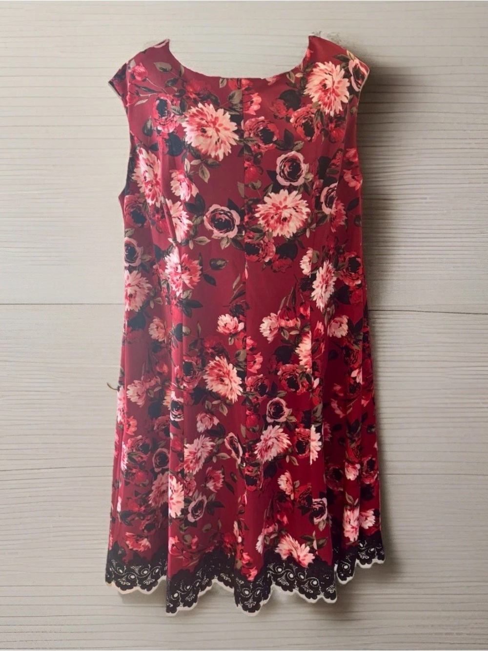 Roz & Ali Red Floral Swing Dress with Black Lace Trim